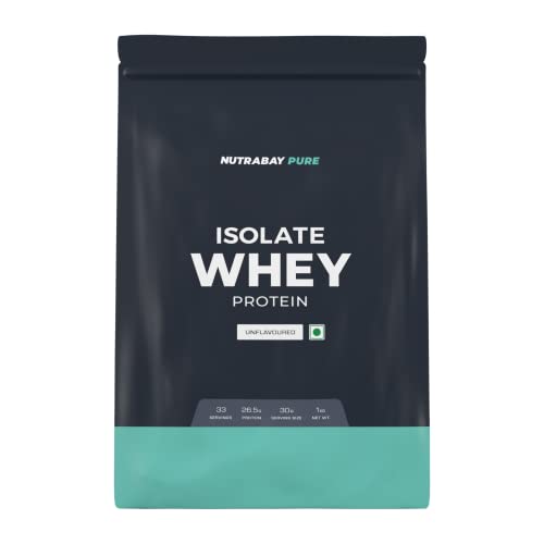 Nutrabay Pure 100% Raw Whey Protein Isolate - 26.5g Protein, 6.2g BCAA - 1Kg, Unflavoured