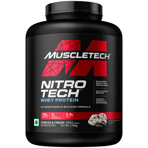 Muscletech Nitrotech Whey Protien Powder Ultimate Muscle Building Formula for Muscle Support & Recovery (30g Protein, 3g Creatine Monohydrate & 6.8g BCCA's) Vegetarian - Cookies & Cream - 1.81kg