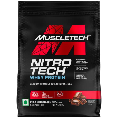 MuscleTech Whey Protein Powder | Nitro-Tech Whey Protein | Protein + Creatine for Muscle Gain | Muscle Builder for Men & Women | Sports Nutrition | Milk Chocolate, 450G