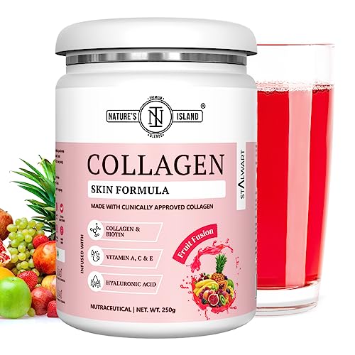 Nature's Island Skin Collagen Powder, Marine Collagen Peptides for Women & Men (Fruit,250g), Collagen Supplement with Biotin, HLA,Vitamin C,E,A, for Glowing Skin, Healthy Hair & Nails- Zero Sugar