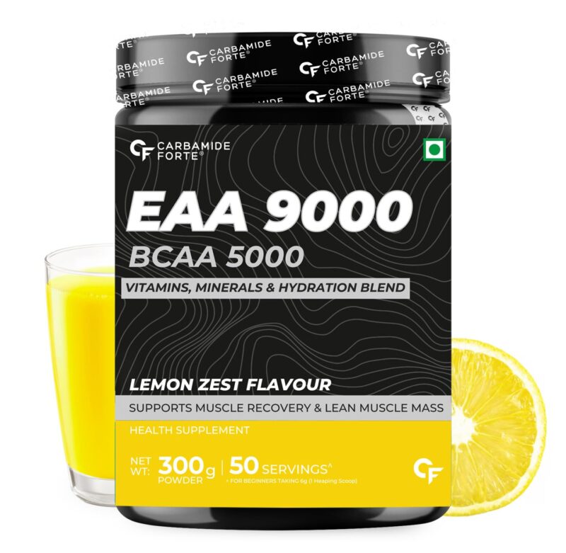 Carbamide Forte EAA 9000mg Supplement with BCAA 5000mg | EAA Supplement for Men & Women with Hydration Blend & Vitamins - Lemon Zest Flavour - 50 Servings - 300g Powder