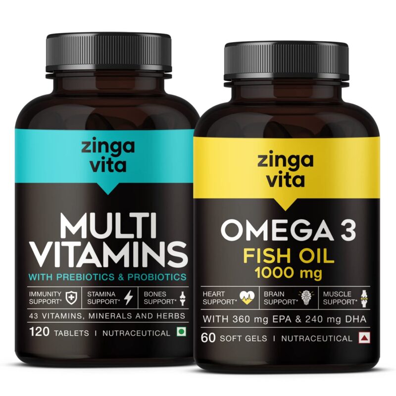 Zingavita Multivitamin and Fish Oil Combo | Multivitamin Tablets with Probiotics & Prebiotics (120 Tablets) + Maximum Strength Omega 3 Fish Oil 1000mg Capsule - 60 Count