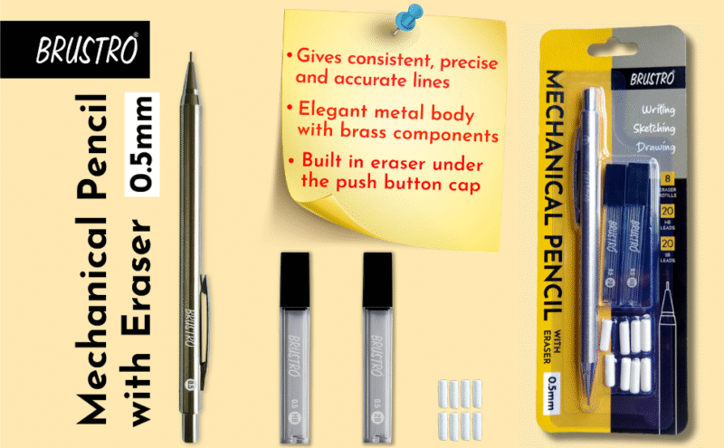 BRUSTRO Mechanical Pencil Set | HB-20 leads, 2B-20 leads, Spare eraser- 8 units|Tip size- 0.5 mm |Ideal for Students,Adults, Home,School,Office,Stationery Use |Writing, Sketching, Drawing, Mandala Art - Image 3