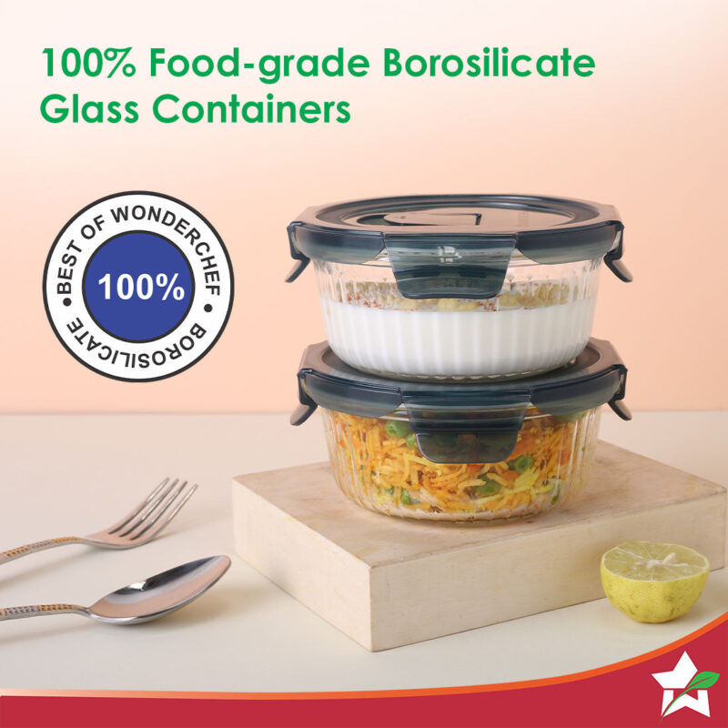 Verona Lunch Box Set of 2 | 400ml Borosilicate Glass Containers with Steam Vent | Leak Proof | Air Tight | Microwave Safe, Freezer Safe | Stain and Odour Free | Easy to Clean - Image 2