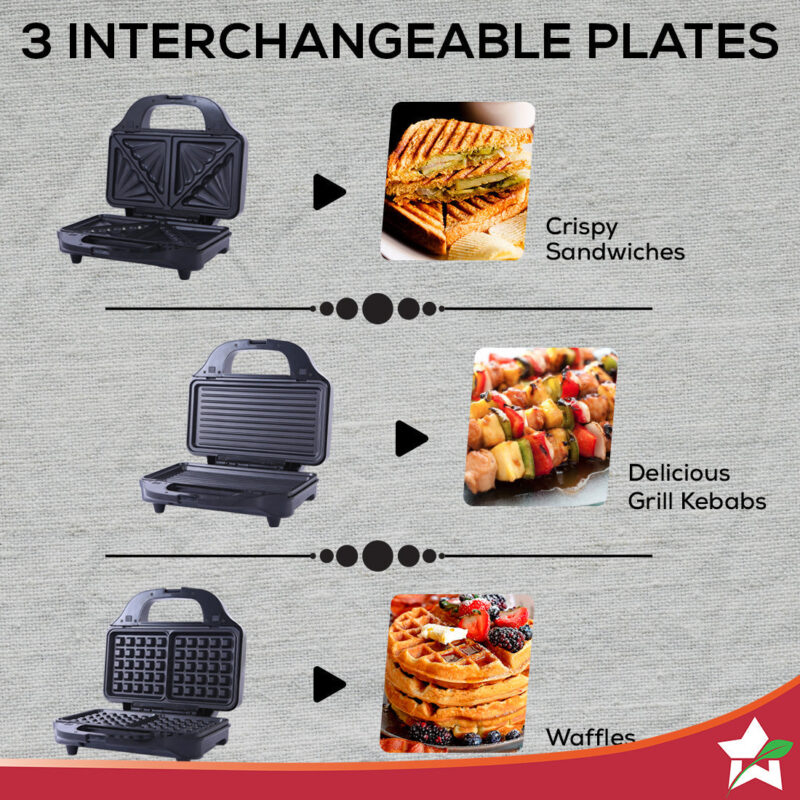 Prato Plus 3 in 1 Grill Sandwich, Grill & Waffle Maker, 900W, 1 Year Warranty - Image 5
