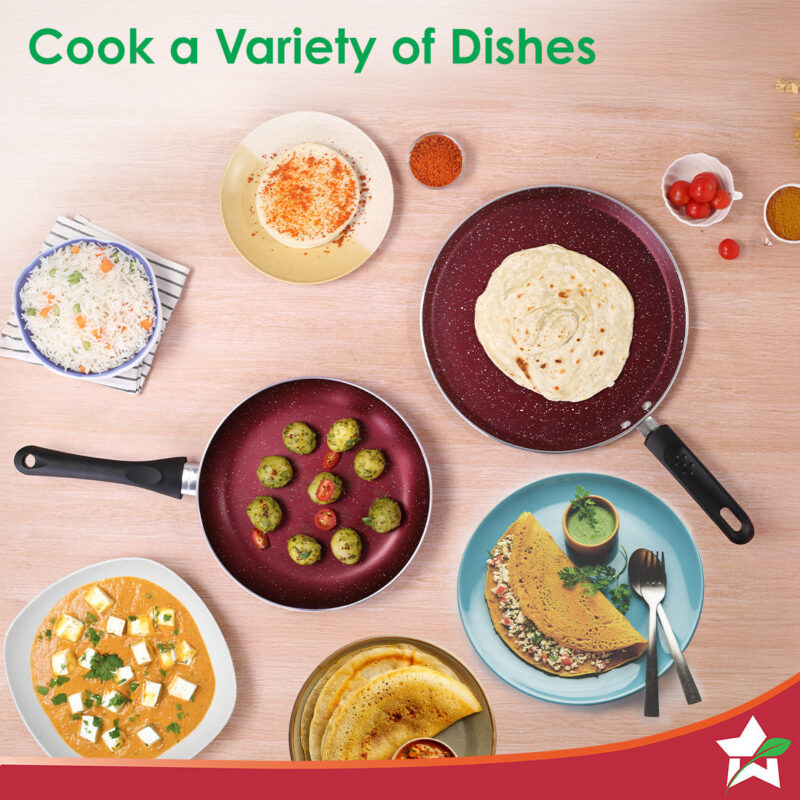 Bandhan Non-Stick Cookware 2 Pcs. Set | Dosa Tawa and Fry Pan | 100% PFOA Free Coating | Pure Grade Virgin Aluminium | Compatible with Multiple Cooktops | Red and Purple | 2 Year Warranty - Image 6