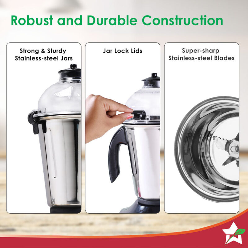 Hush BLDC Mixer Grinder | 3 Jars for Blending, Dry Grinding, Chutney Grinding | Low Friction | Low Noise | Conserves Power | Grind Masalas, Nuts, Coconut to Fruits/Vegetables | RPM 18,000 - Image 6