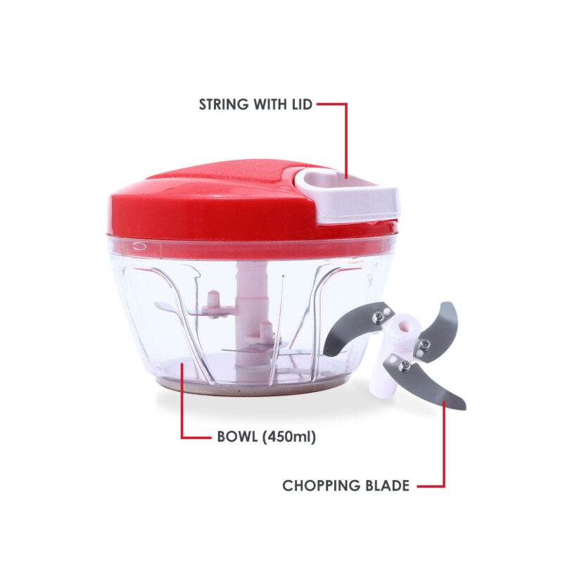 Platinum String Chopper with 3 Sharp Stainless Steel Blade 450 ml, Anti Slip Silicone, Compact, White and Red, 1 Year Warranty - Image 7