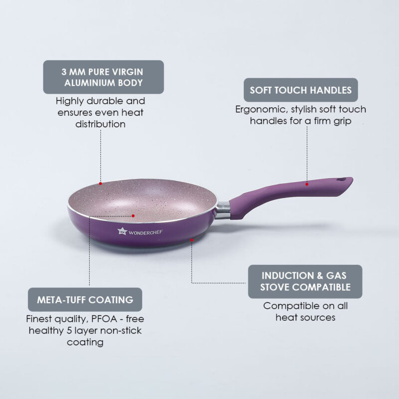 Royal Velvet Non-Stick 26 cm Fry Pan with Induction Bottom & Soft-Touch Handle | Virgin Grade Aluminium | PFOA & Heavy Metals Free | 3 mm thick | 2.1 litres | 2 Years Warranty | Purple - Image 7