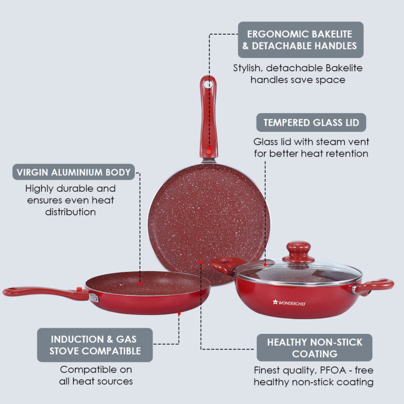 Ruby Plus Cookware Set, 4pc (Dosa Tawa, Fry Pan, Kadhai with Lid), Induction Friendly, Virgin Aluminum, PFOA/Heavy metal free, 2 Years Warranty, Dark Red - Image 7