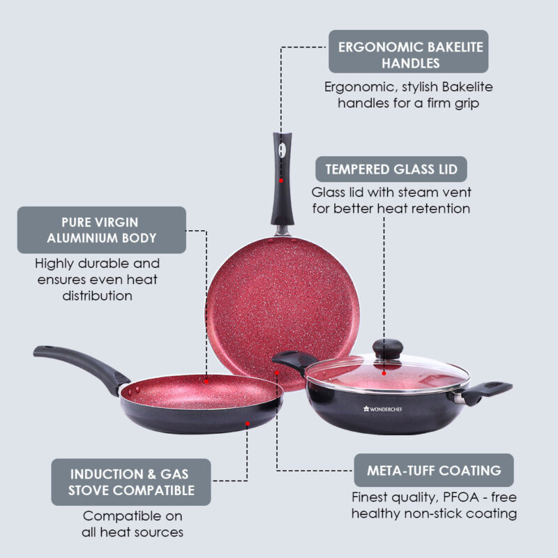 Sigma Non-stick Cookware Set, 4Pc (Kadhai with Lid, Dosa Tawa, Fry Pan), Induction Bottom, Cool Touch Bakelite Handles, Virgin Aluminium, PFOA Free, 2 Years Warranty, Red and Black - Image 8