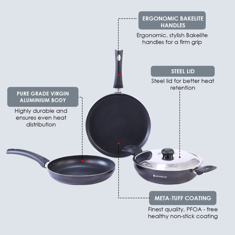 Wonderchef Renewed Platinum Plus Non-Stick Cookware Set of 4 | Kadhai with Glass Lid 24cm, Fry Pan 24cm & Dosa Tawa 25cm | Cool-Touch Bakelite Handle | Pure Grade Aluminium | PFOA Free | 1 Year Warranty | Black - Image 5