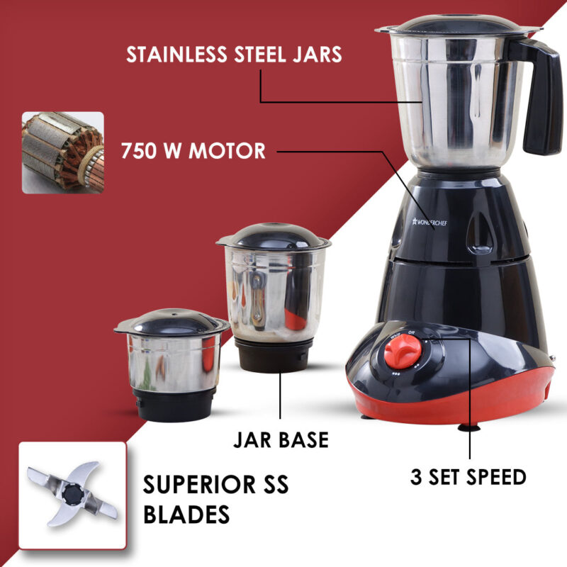 Wonderchef Renewed Capri Mixer Grinder 750W, 3 Stainless Steel Jars, Black & Red, 1 Year Warranty - Image 2