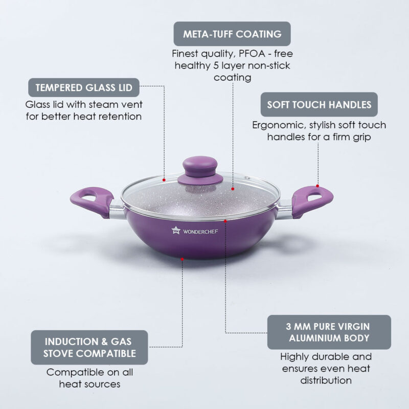 Royal Velvet 20 cm Non-Stick Kadhai with Lid and Induction Bottom | Soft-Touch Handle | Virgin Grade Aluminium | PFOA and Heavy Metals Free | 3 mm thick | 1.4 litres | 2 Years Warranty | Purple - Image 8