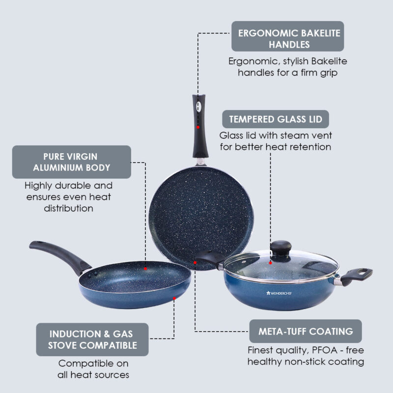 Sigma Non-stick Cookware Set, 4Pc (Kadhai with Lid, Dosa Tawa, Fry Pan), Induction Bottom, Cool Touch Bakelite Handles, Virgin Aluminium, PFOA Free, 2 Years Warranty, Midnight Blue - Image 8
