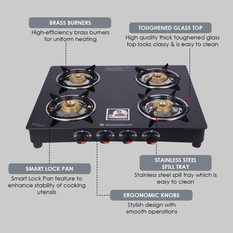 Ruby 4 Burner Glass Cooktop, Black Toughened Glass with 1 Year Warranty, Ergonomic Knobs, Heat-Efficient Brass Burners, Stainless-steel Spill Tray, Manual Ignition - Image 23