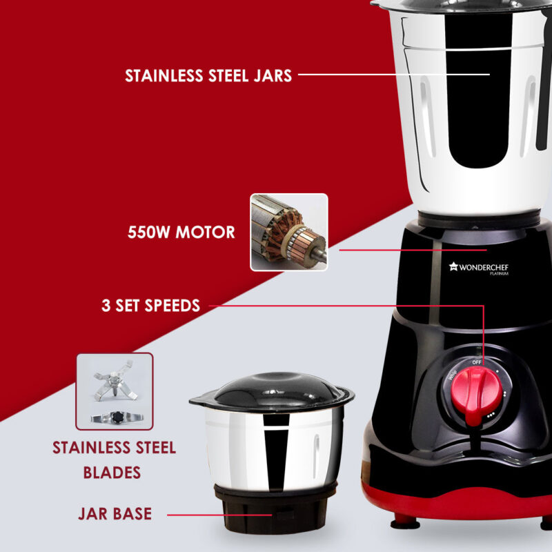 Ruby Mixer Grinder With 3 Jars and Anti-Rust Stainless Steel Blades, Ergonomic Handles, 550W, 5 Years Warranty, Red and Black - Image 11