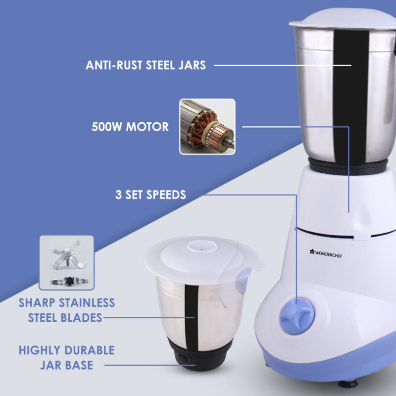 Capri Mixer Grinder 550W With 3 Stainless Steel Jars (White & Blue) - Image 11