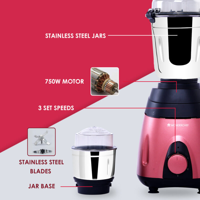 Vietri Mixer Grinder 750W with 3 Thick Steel Jars, Stainless Steel Sharp Blades, Secure Lid, 3 Speed Settings, 5 years Warranty on Motor, Black & Red - Image 9