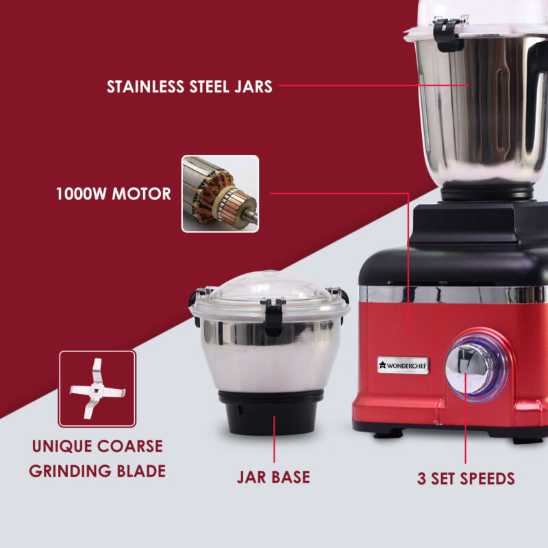 Wonderchef Renewed Sumo Mixer Grinder | 1000W | 3 Stainless Steel & 1 Fruit Filter Jar | Long Motor Life - Image 11