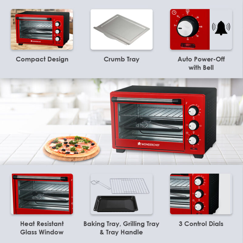 Wonderchef Renewed Oven Toaster Griller (OTG) Crimson Edge - 19 Litres | Auto-shut Off | Heat-resistant Tempered Glass | Multi-stage Heat Selection | 1280W | Red - Image 11