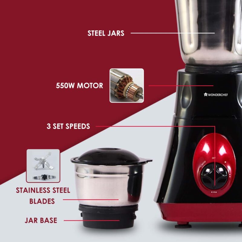 Vietri Mixer Grinder, 550W with 3 Anti-rust Stainless Steel Jars and Blades, 3-speed Knob, Anti-skid Feet, 5 Years Warranty on Copper Armature Motor, Black & Red - Image 10