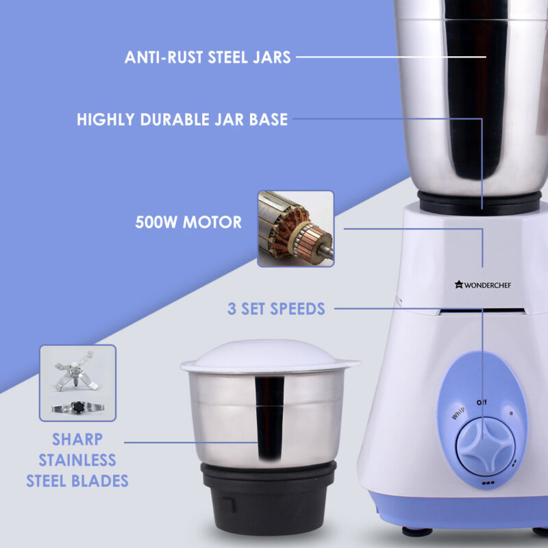 Wonderchef Vietri Mixer Grinder 500W With 3 Stainless Steel Jars (White & Blue) - Image 10