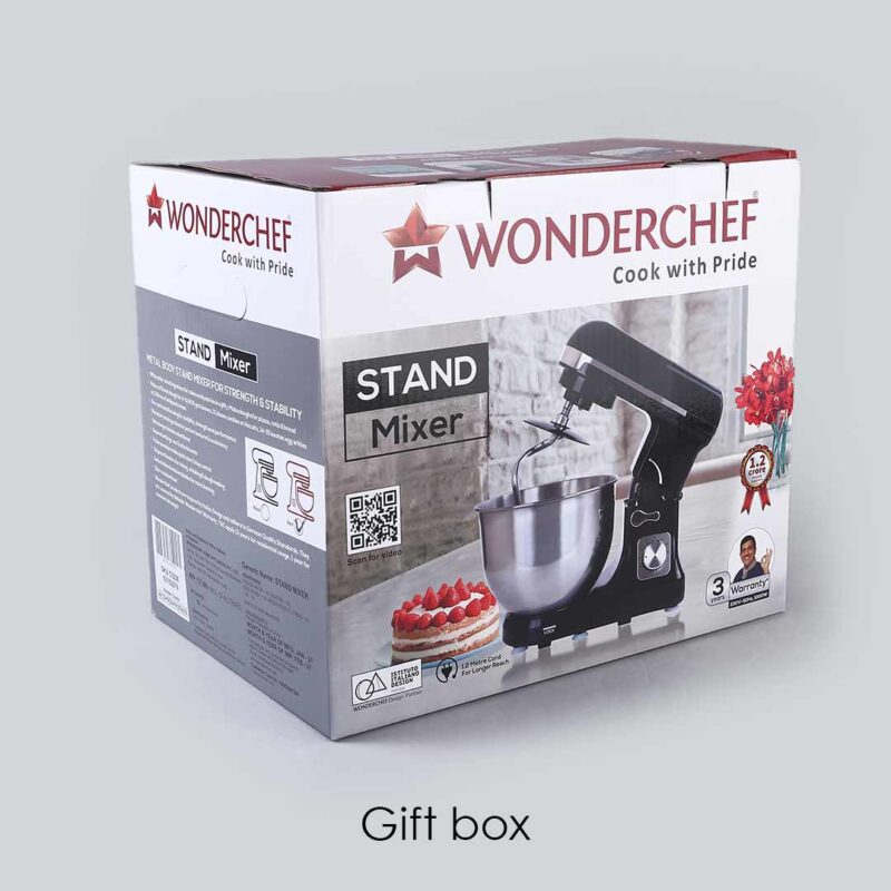 Crimson Edge Die-Cast Metal Kitchen Stand Mixer and Beater with 6 Speed Settings | 1000W Powerful Copper Motor | 5L SS Bowl | Whisking Cone, Mixing Beater, Dough Hook Attachments & Splash Guard | Home Cooks & Professional Bakers | 3 Year Warranty | Black - Image 9