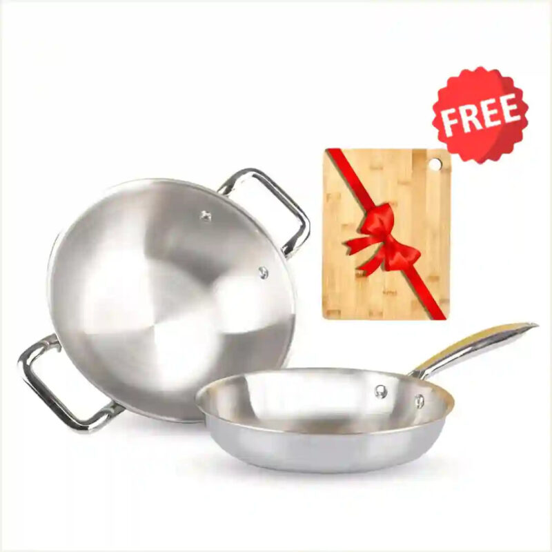 TurboCuk Tri-ply Stainless Steel Cookware Set: Kadai+ Fry Pan, Premium Quality, 3 Layer Thick Body, 100% Toxin-free, Non-stick, Induction & Gas, Free ₹600 Wood Chopping Board - Image 16