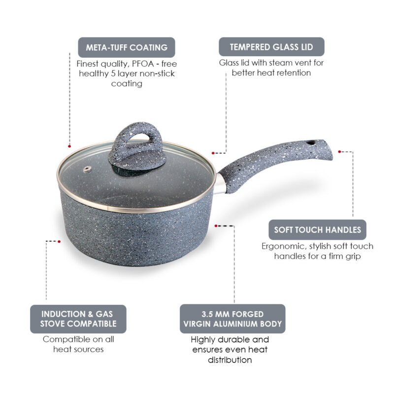 Granite 18 cm Non-Stick Sauce Pan | Induction Bottom | Soft-Touch Handles | Virgin Grade Aluminium | PFOA and Heavy Metals Free | 3.5mm | Non Stick Sauce Pan | 1.8 litres | 2 Years Warranty | Grey - Image 12