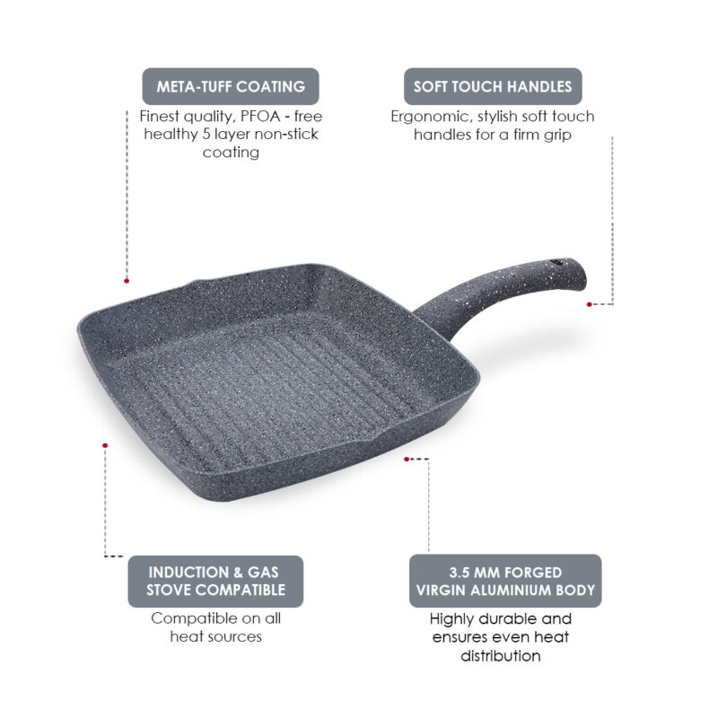 Granite Non-Stick 24cm Grill Pan | Soft-Touch Handles | Virgin Aluminium | PFOA and Heavy Metals Free | 3.5mm Thickness | 1.8 litres | 2 Year Warranty | Grey - Image 10