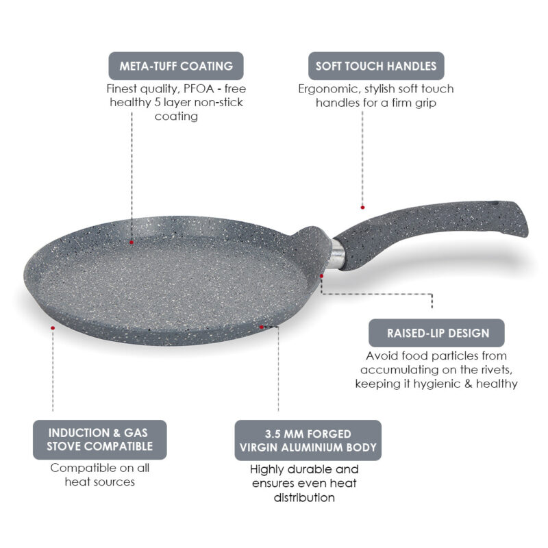 Wonderchef Renewed Granite 28cm Non-Stick Dosa Tawa | Induction Bottom | Soft-Touch Handles | Virgin Grade Aluminium | 3.5mm Thick | PFOA/Heavy Metals Free - Image 16
