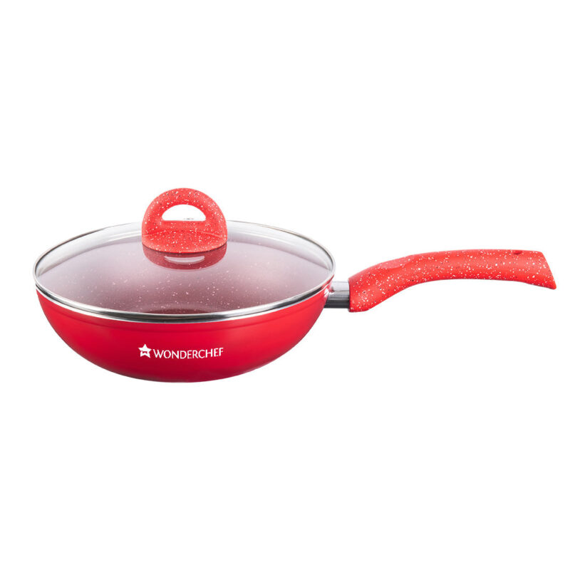 Granite Aluminium Non-stick Wok With Glass Lid, 24cm, 2.7L, 3.5mm, Red, Compatible On Hot Plate, Hobs, Gas Stove, Ceramic Plate And Induction, 2 Years Warranty - Image 2