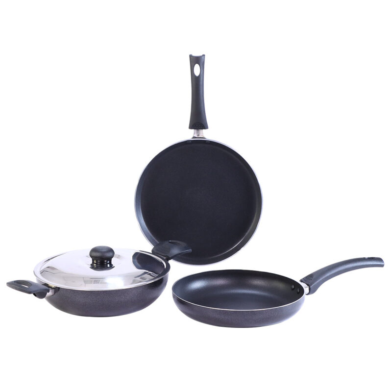 Wonderchef Renewed Platinum Plus Non-Stick Cookware Set of 4 | Kadhai with Glass Lid 24cm, Fry Pan 24cm & Dosa Tawa 25cm | Cool-Touch Bakelite Handle | Pure Grade Aluminium | PFOA Free | 1 Year Warranty | Black - Image 11
