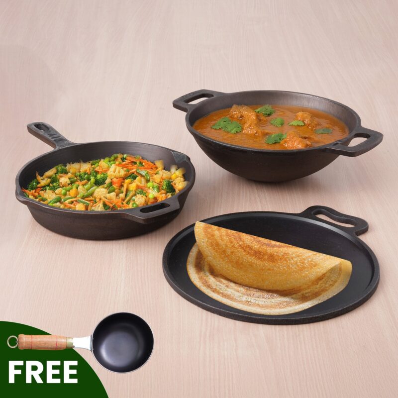 Super Smooth Cast Iron Set: Frypan+ Kadai+ Tawa, Kitchen set for Home, Nonstick, 100% Pure,Toxin-free, Free ₹400 Tadka Pan - Image 14