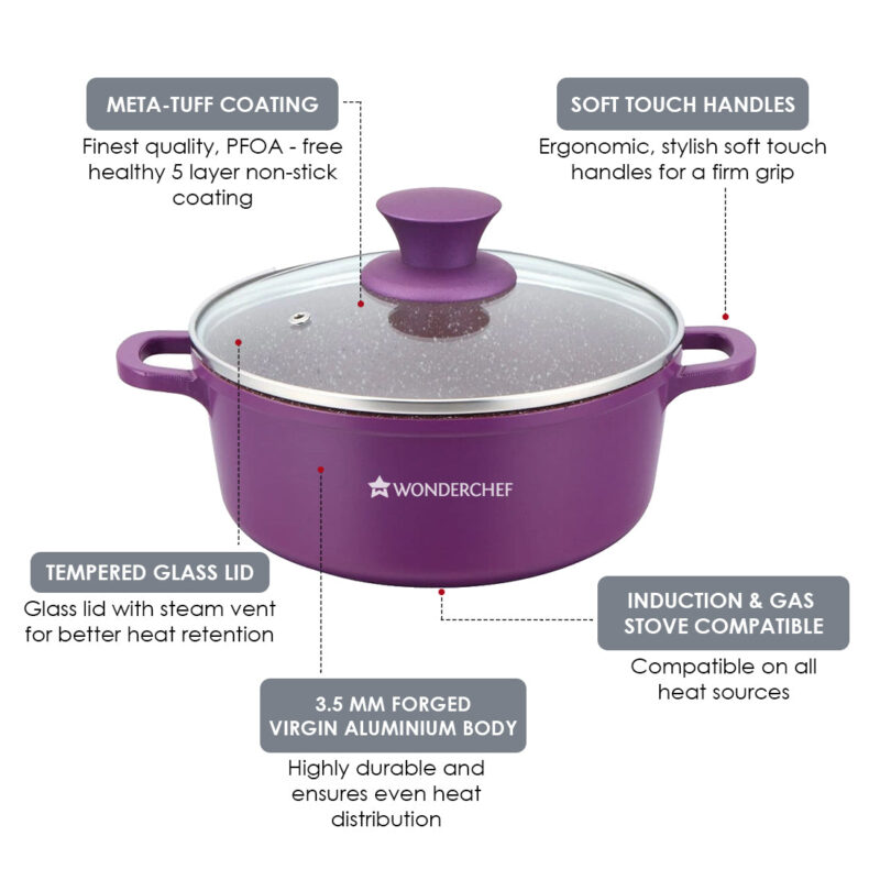Granite Die-Cast Non-stick 6-piece Casserole Set with Lids, Induction bottom, Soft-touch handles, Virgin grade aluminium, PFOA/Heavy metals free, 3.5mm, 2 years warranty, Purple - Image 4