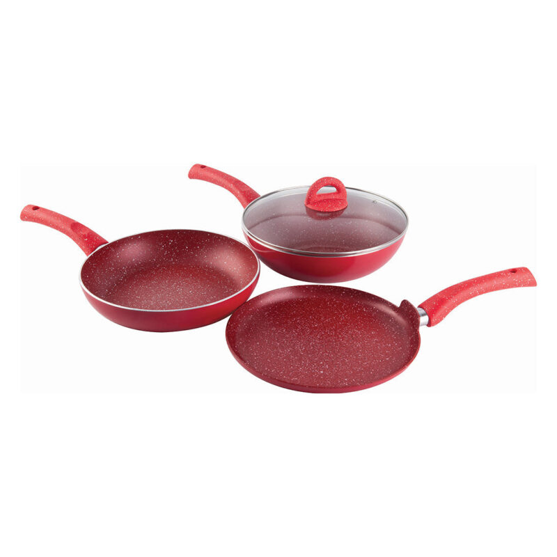 Granite Non-stick Cookware Set, 4Pc (Frying Pan With Lid, Wok, Dosa Tawa), Induction Bottom, Pure Grade Aluminium, PFOA, 3.5mm, 2 Years Warranty, Red - Image 3