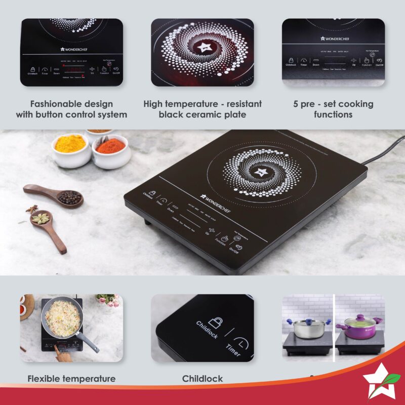 Wonderchef Renewed Easy Cook Hot Plate Infrared Cooktop with Feather Touch Control & Child Lock Feature | 2000 Watt Induction Cooktop | Crystal Glass Top Surface | LED Digital Panel | Smart Touch Buttons - Image 2
