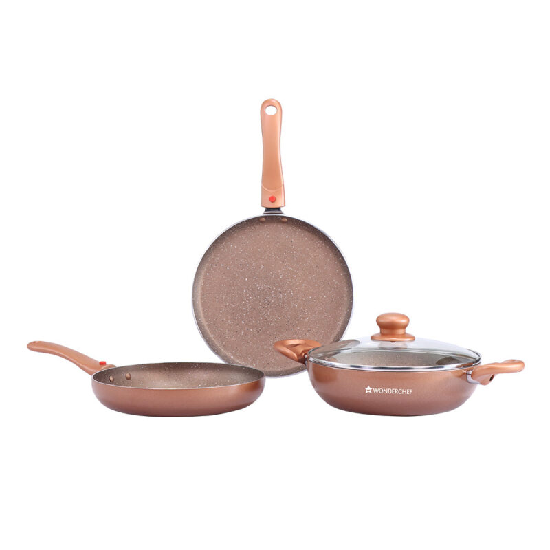 Ruby Plus 24 cm Cookware Set Bronze, Kadhai with Lid, Fry Pan, Dosa Tawa, Non-stick set of 4, Induction use, Tempered Glass Lid, - Image 12