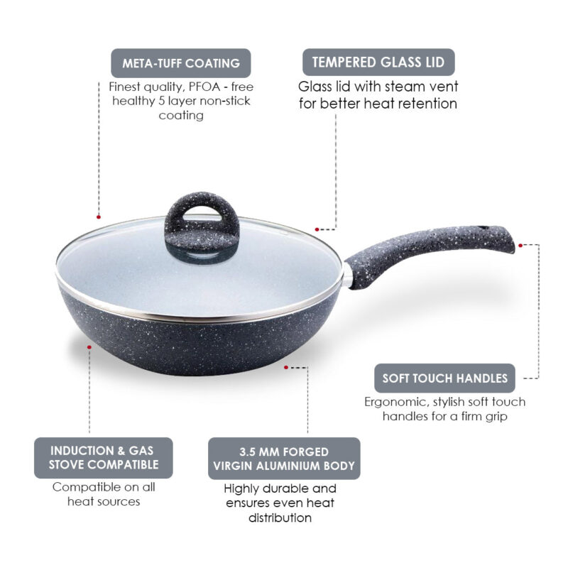 Wonderchef Renewed Granite 26cm Non-Stick Wok (without Lid) | 3.1L | Induction Bottom | Soft-Touch Handles | Virgin Grade Aluminium | 3.5mm Thick | PFOA and Heavy Metals Free - Image 10