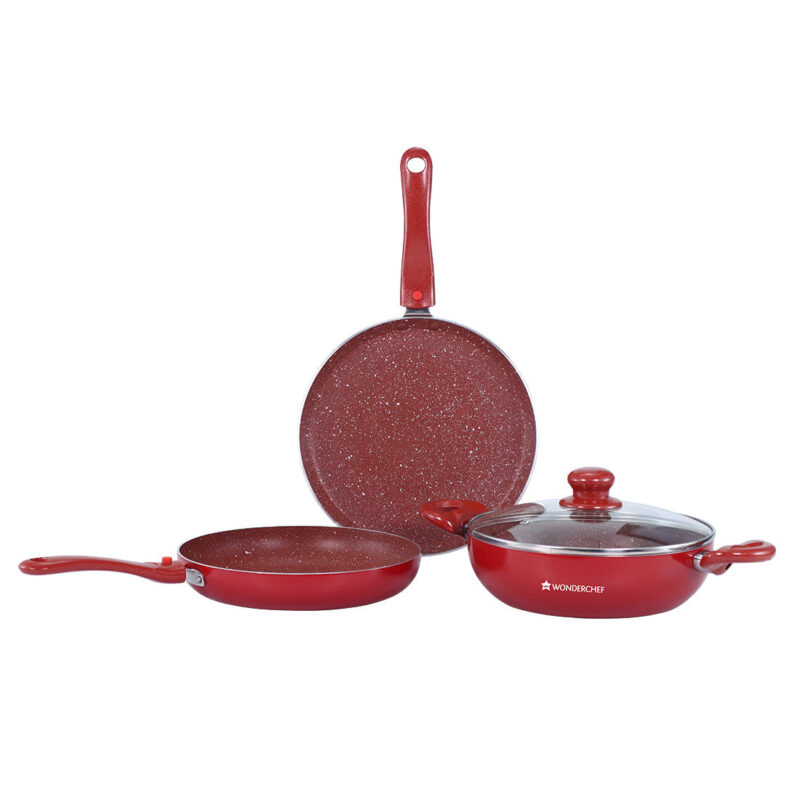 Ruby Plus Cookware Set, 4pc (Dosa Tawa, Fry Pan, Kadhai with Lid), Induction Friendly, Virgin Aluminum, PFOA/Heavy metal free, 2 Years Warranty, Dark Red - Image 11