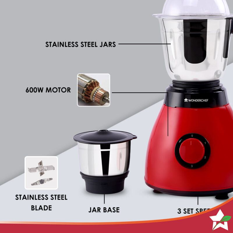 Wonderchef Renewed Vesper Mixer Grinder | 3 Jars | 600W | Stainless Steel Blades - Image 2