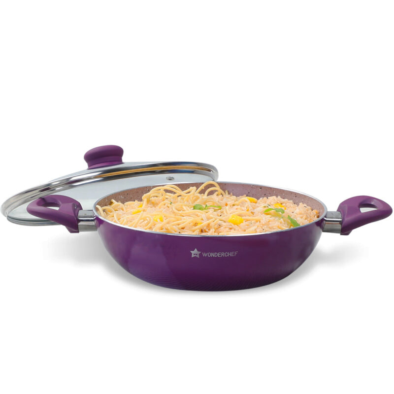 Royal Velvet Non-stick 24cm Kadhai with Lid and Handles | Glass Lid | Induction Ready | Soft-touch handles |Non – Toxic I Virgin Aluminium| 3 mm thick | 2 year warranty | Purple - Image 6