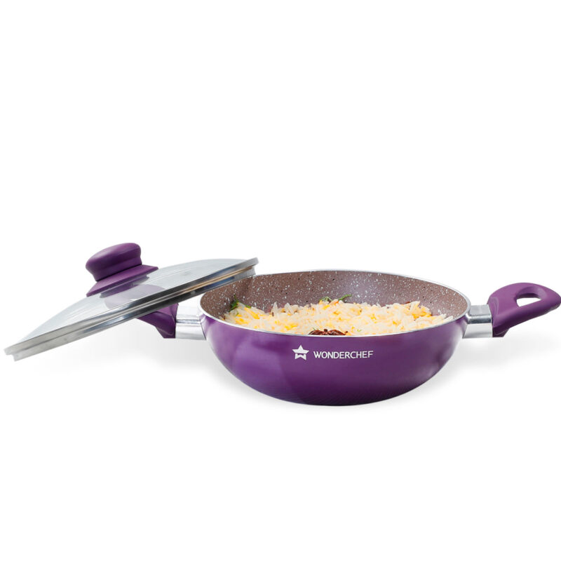 Royal Velvet Non-stick 26cm Kadhai with Lid and Handles | Glass Lid | Induction Ready | Soft-touch handles |Non – Toxic I Virgin Aluminium| 3 mm thick | 2 year warranty | Purple - Image 7