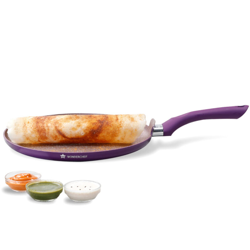 Royal Velvet Non-stick 28cm Dosa Tawa I Induction Ready | Soft-touch handles |Non – Toxic I Virgin Aluminium| 3 mm thick | 1.8 litres | 2 year warranty | Purple - Image 7