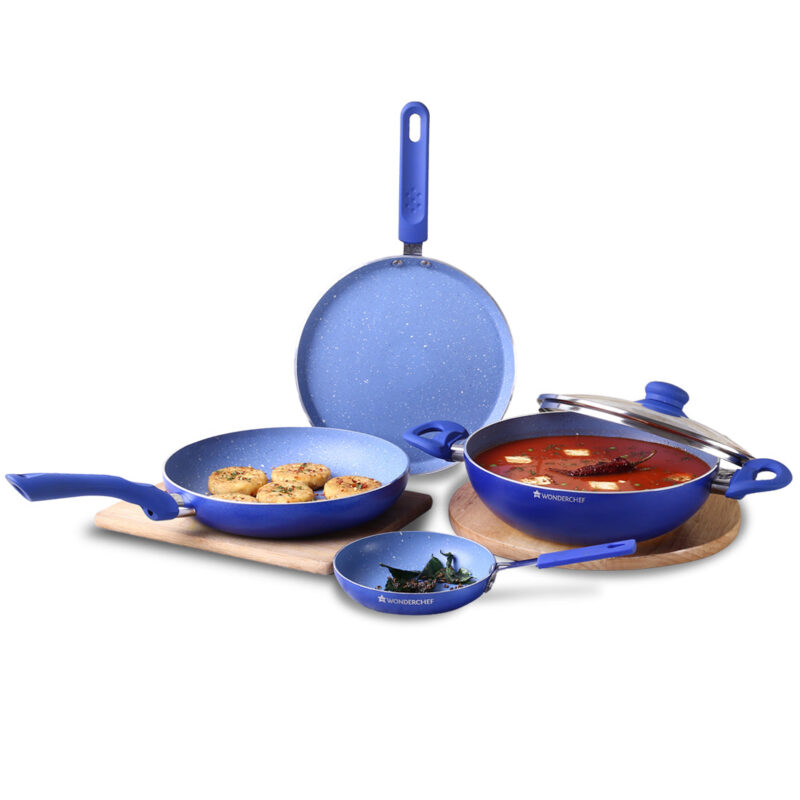 Royal Velvet Non-stick Cookware Set, 5Pc (Fry Pan with Lid, Wok, Dosa Tawa, Mini Fry Pan) Induction Bottom, Soft-touch Handles, Virgin Grade Aluminium, PFOA/Heavy Metals Free, 3mm, 2 Years Warranty, Blue - Image 7