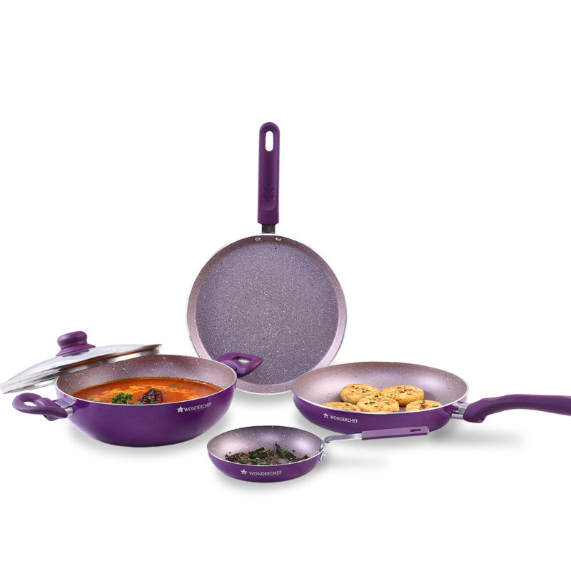 Royal Velvet Non-stick 5-piece Cookware Set (Fry Pan with Lid, Wok, Dosa Tawa, Mini Fry Pan) | Induction Ready (Dosa Tawa only)| Soft-touch handles |Non – Toxic I Virgin Aluminium | 3 mm thick | 2 years warranty | Purple - Image 7