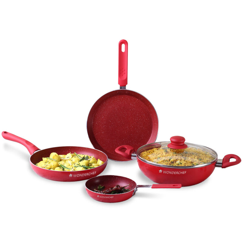 Royal Velvet Non-stick Cookware Set, 5Pc (Fry Pan with Lid, Wok, Dosa Tawa, Mini Fry Pan) Induction bottom, Soft-touch handles, Virgin Grade Aluminium, PFOA/Heavy Metals Free, 3 mm, 2 Years Warranty, Red - Image 8