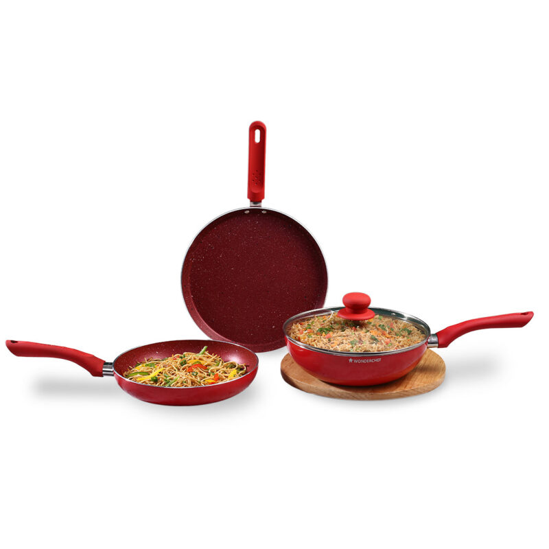 Royal Velvet Non-stick Cookware Set, 4Pc (Fry Pan with Lid, Wok, Dosa Tawa), Induction Bottom, Soft-touch Handles, Virgin Grade Aluminium, PFOA/Heavy Metals Free, 3mm, 2 Years Warranty, Red - Image 7