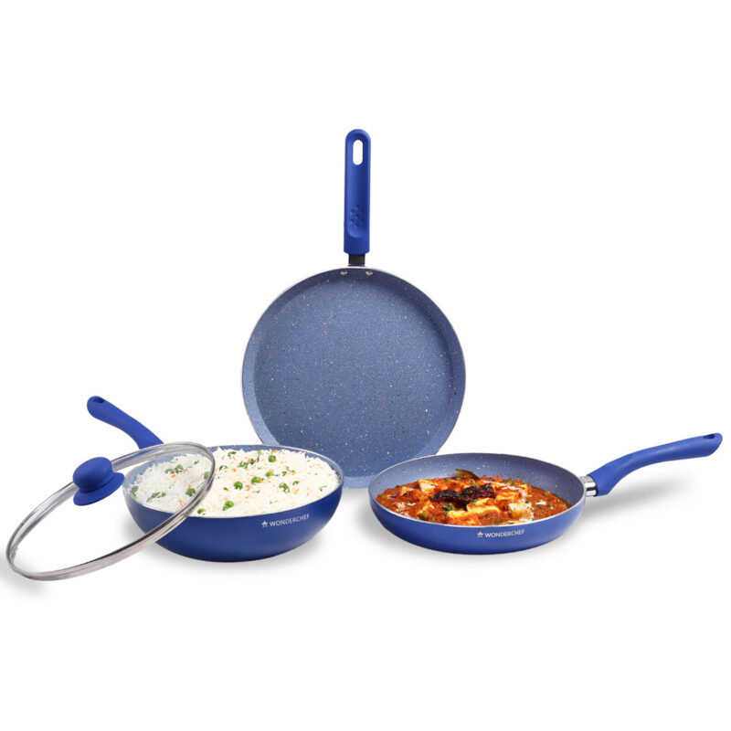 Royal Velvet Non-stick Cookware Set, 4Pc (Fry Pan with Lid, Wok, Dosa Tawa) Induction Bottom, Soft-touch Handles, Virgin Grade Aluminium, PFOA/Heavy Metals Free, 3mm, 2 Years Warranty, Blue - Image 7